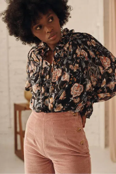 Louise Misha Naomie Long Sleeve Blouse In Charcoal Tpical Loon In Brown