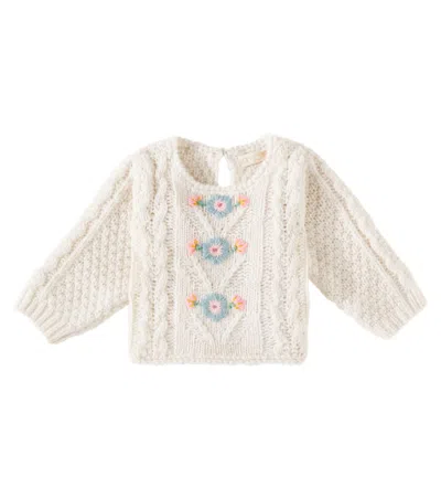 Louise Misha Babies' Vinia Cable-knit Embroidered Sweater In White