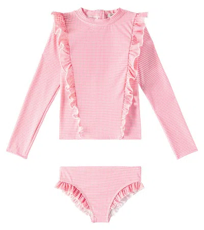 Louise Misha Kids' Yanika Gingham Rashguard And Bikini Bottoms Set In Pink