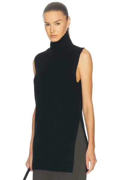 Loulou De Saison Becca High Neck Sweater Vest With Side Slits In Black