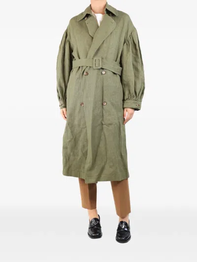 Pre-owned Loulou De Saison Belted Linen Trench Coat In Green