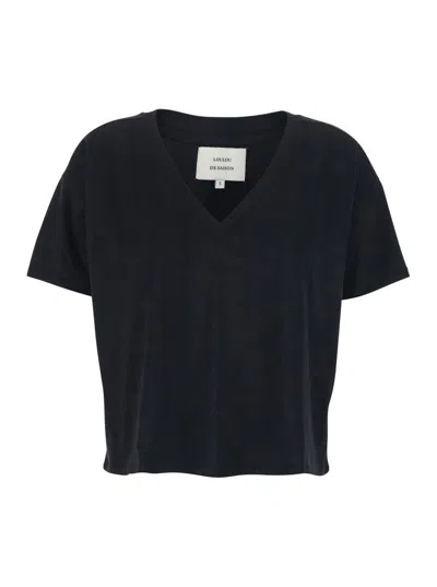 Loulou De Saison Black T-shirt With V Neck And Short Sleeves In Cotton Woman