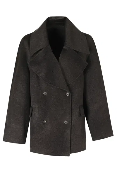 Loulou De Saison Brown Neil Double-breasted Cut-away Lapel Wool Coat In Black