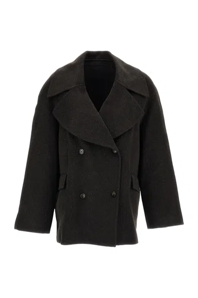 Loulou De Saison Brown Neil Wool-cashmere Double-breasted Blazer In Black