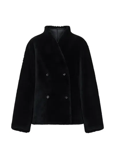 Loulou De Saison Gray Wes Double Breasted Alpaca Jacket In Black
