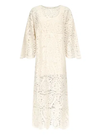 Loulou De Saison Ciko Crochet-pattern Three-quarter-sleeve Maxi Dress In Neutral