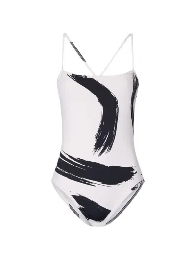 Loulou De Saison Criss-crossing Straps Printed Swimsuit In White