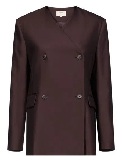 Loulou De Saison Double-breasted V-neck Blazer In Brown