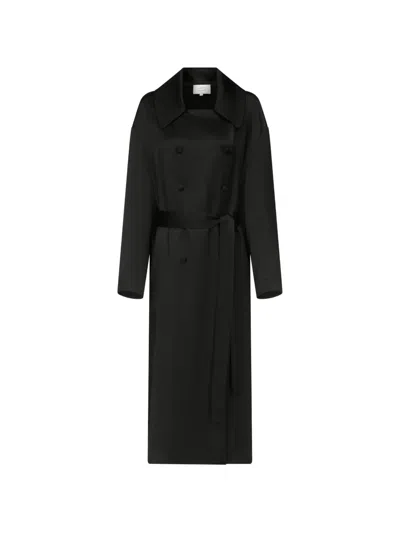 Loulou De Saison Erika Double-breasted Satin Coat In Black
