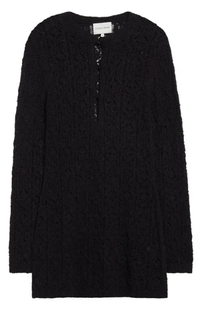 Loulou De Saison Evan Lace Stitch Long Sleeve Sweater Minidress In Black