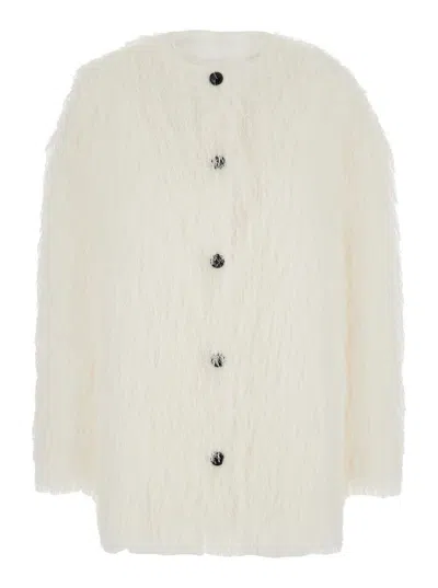 Loulou De Saison 'filipo' White Jacket With Round Neck And All-over Fringes Design In Tech Fabric Woman