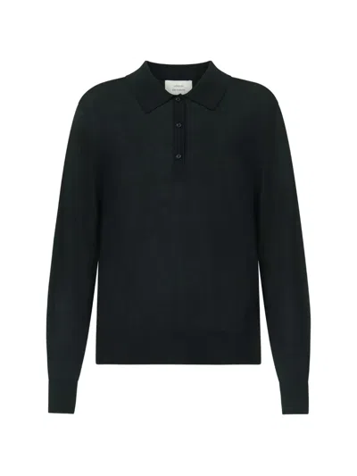 Loulou De Saison Fine-knit Long-sleeve Polo Shirt In Black