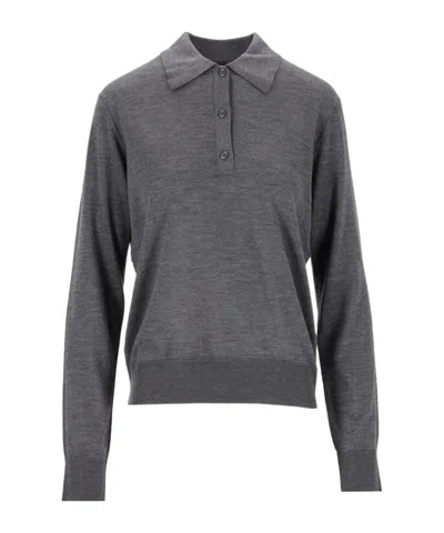 Loulou De Saison Fine-knit Long-sleeve Polo Shirt In Gray