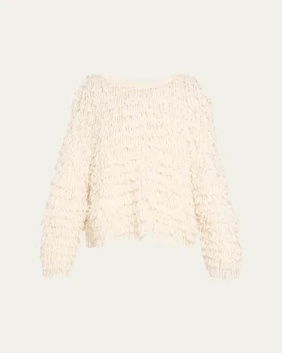 Loulou De Saison Gabin Fringed Knit Crewneck Sweater In White