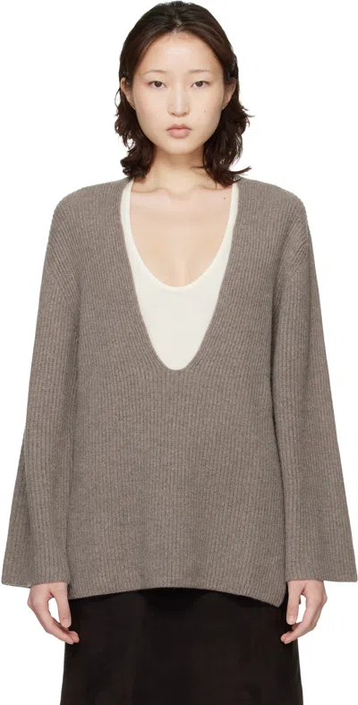 Loulou De Saison Gray Gabe U Neck Ribbed Cashmere Sweater In Neutral