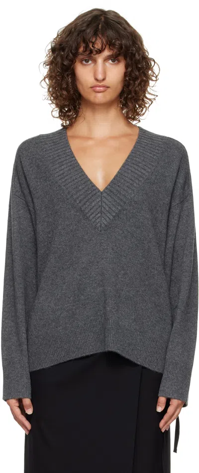Loulou De Saison Gray Sage Lds V Neck Cashmere Sweater