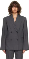Loulou De Saison Sancia Double Breasted Stretch Virgin Wool Blazer In Gray