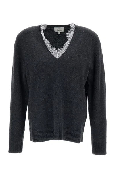 Loulou De Saison Grey Leyla Cashmere Lace-trim Sweater In Gray