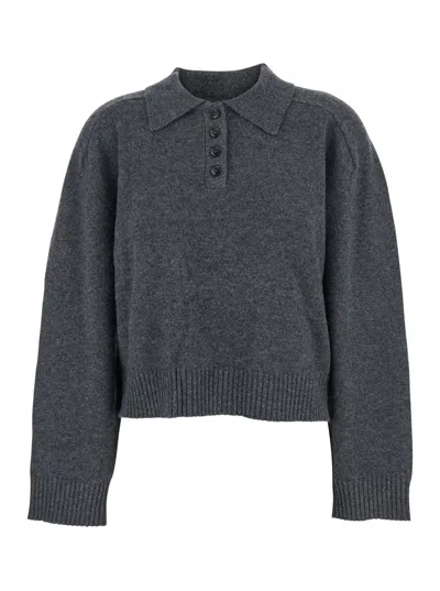 LOULOU DE SAISON GREY SWEATER WITH CLASSIC COLLAR AND RIBBED DETAILS IN CASHMERE WOMAN