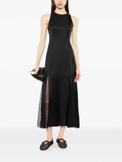Loulou De Saison Iraka Silk Dress With Rear Zip And Net Hem Details In Black