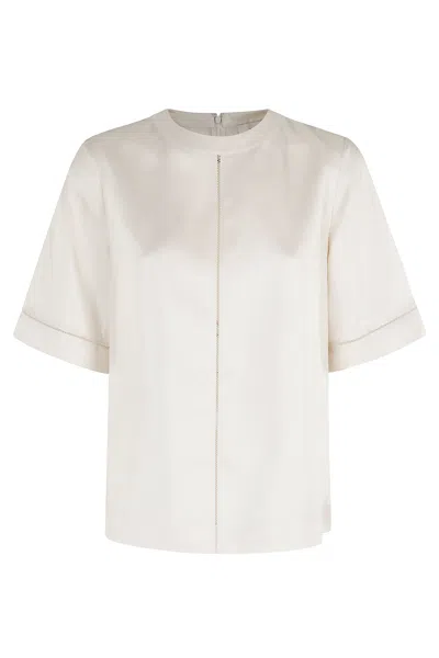 Loulou De Saison Ivory Havana Lace-detailed Crewneck Silk Blouse In White
