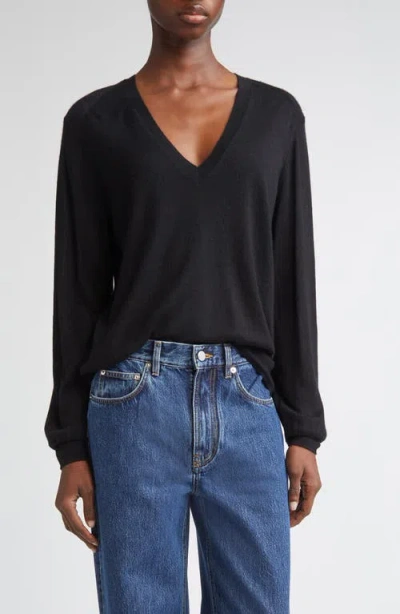 Loulou De Saison Julio Thin Cashmere V-neck Sweater In Black