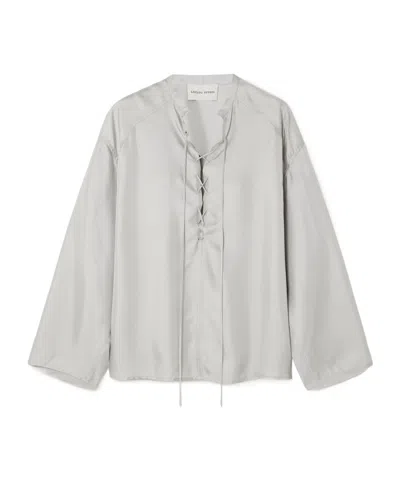 Loulou De Saison Lace-up Silk-twill Blouse In Gray