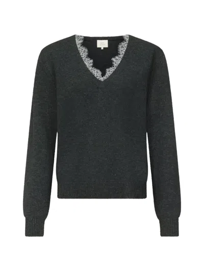 Loulou De Saison Leyla Lace-trim V-neck Sweater In Black