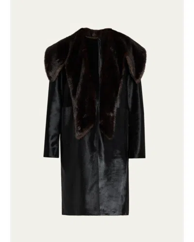 Loulou De Saison Lotta Oversized Calf Hair And Suede Coat In Black