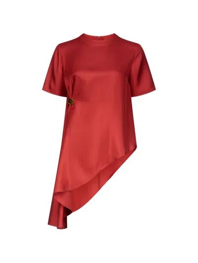 Loulou De Saison White Madea Asymmetrical Draped Silk Blouse In Red
