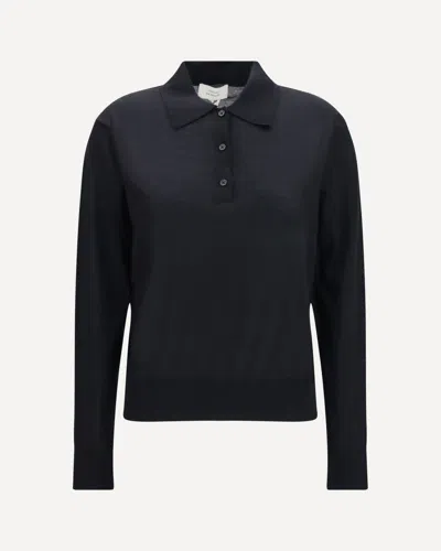 Loulou De Saison Miles Long-sleeve Fine-knit Polo In Black