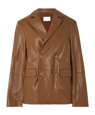 Loulou De Saison Net Sustain Davao Double-breasted Leather Blazer In Brown