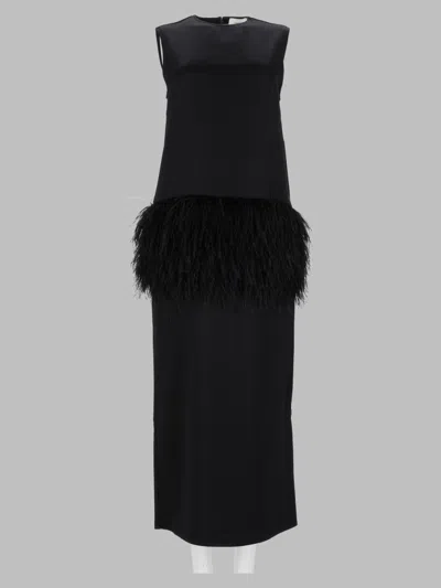 Loulou De Saison Ostrich Feather Trim Dress In Black