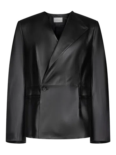 Loulou De Saison Paoli Asymmetric Lapel Leather Jacket In Black