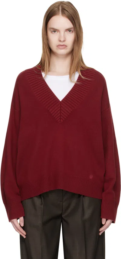 Loulou De Saison Red Sage Lds V Neck Cashmere Sweater In Burgundy