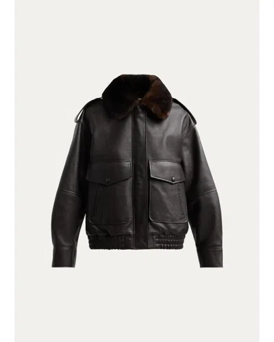 Loulou De Saison Russo Lamb Shearling Collar & Leather Military Jacket In Coffee