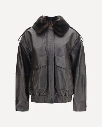 Loulou De Saison Russo Leather Bomber With Shearling Collar In Brown