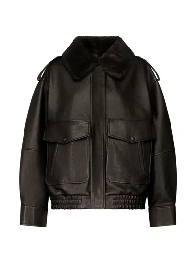 Loulou De Saison Russo Leather Bomber With Shearling Collar In Black