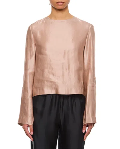 Loulou De Saison Silk And Linen Round Neck Blouse With Invisible Zipper In Pink
