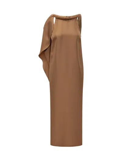 Loulou De Saison Silk Lungo Jumpsuit With Intricate Neckline In Macadamia