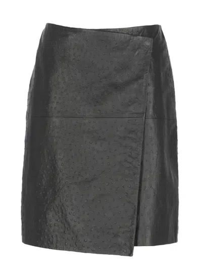 Loulou De Saison Textured Black Leather Miniskirt With Front Button Fastening In Gray