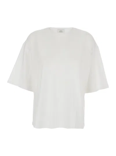 Loulou De Saison White Crew Neck T-shirt With Dropped Shoulder And Boxy Design In Cotton Woman