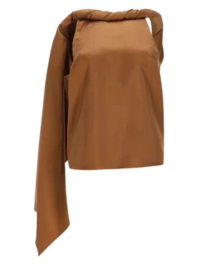 Loulou De Saison Wilma Silk Asymmetrical Twisted Top In Brown