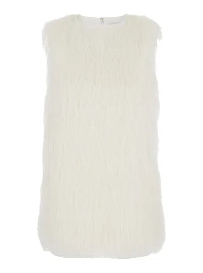 Loulou De Saison 'yasmin' White Crew Neck Top With All-over Fringe Design In Tech Fabric Woman