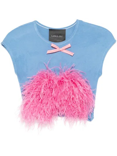 Loulou Studio Feather-detail T-shirt In Blue