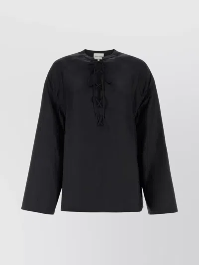 Loulou Silk Blouse With 3/4 Sleeves And Tie Detail In Black