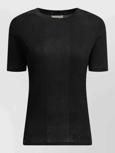 Loulou Studio Crew Neck Ribbed Texture Short Sleeve Top In Black