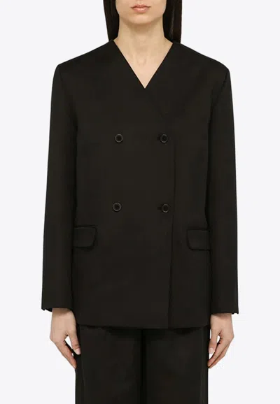 LOULOU STUDIO DOUBLE-BREASTED COLLARLESS JACKET IN LINEN-BLEND