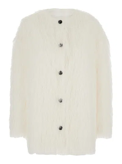 Loulou Studio Filipo White Jacket With Round Neck And All-over Fringes Design In Tech Fabric Woman