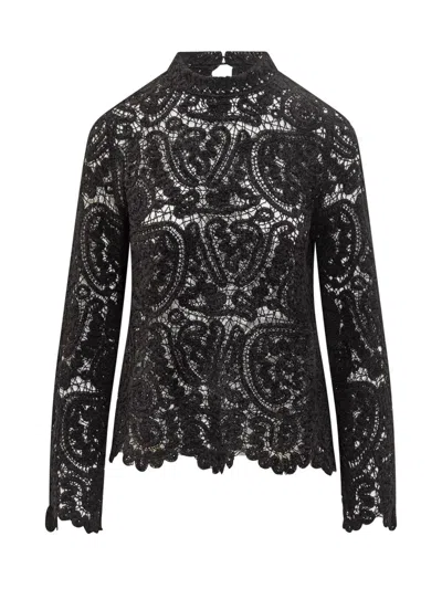 Loulou Studio Black Lace Top With Long Sleeves